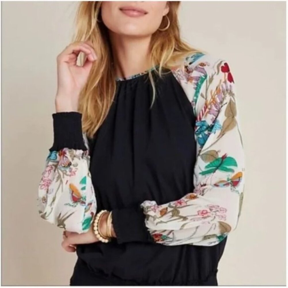 NWOT Anthropologie TINY Dawn Butterfly Long Sleeve Top Size S Black Chiffon